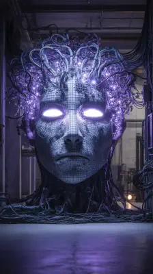 A large futuristic humanoid head with glowing white eyes, covered in mesh and connected to numerous glowing purple cables and wires.