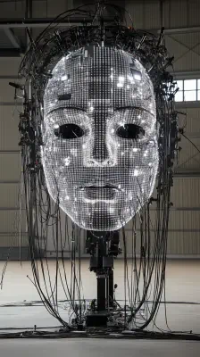 Large illuminated robotic face with many lights and wires attached, mounted on a stand in an industrial setting.