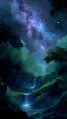 A night sky filled with stars and the Milky Way above a forest with a flowing waterfall.
