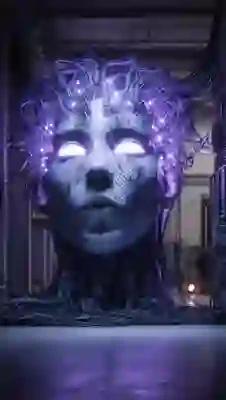 A large, futuristic, robotic head with glowing white eyes and purple circuit-like strands extending from the top, set against a dark, industrial background.